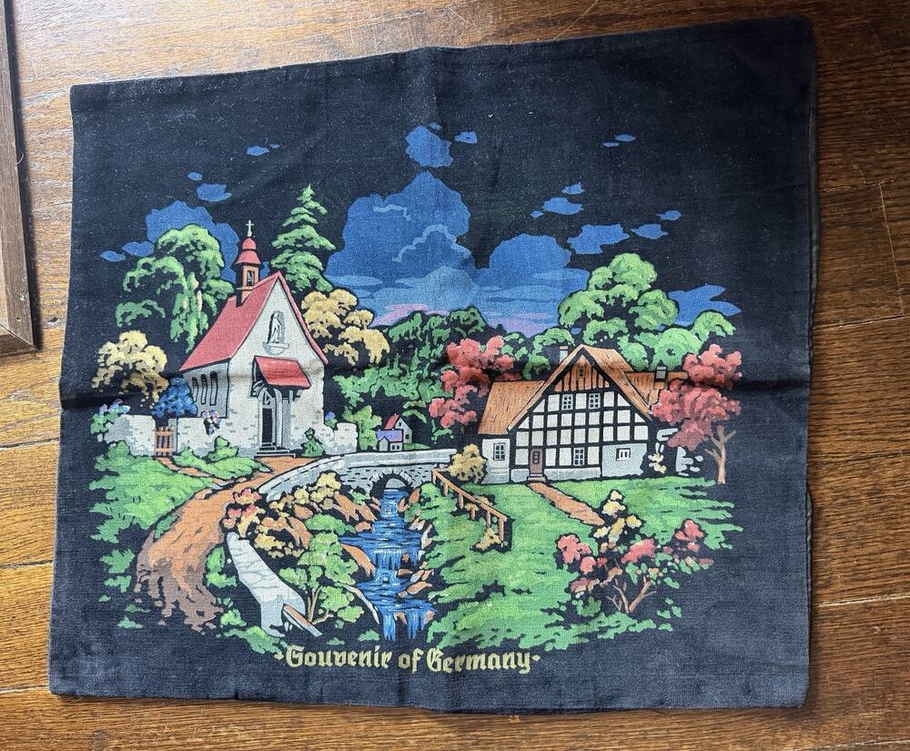 Vintage Souvenir of Germany Black Velvet Pillow Cover Hand Painted Village MCM